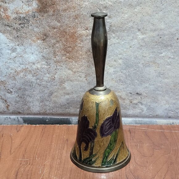 Vintage Solid Brass Bell Cloisonne Enamel Flower Design - Picture 3 of 9